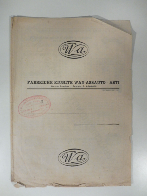 Società anonima fabbriche riunite Way Assauto, Asti. Listino n. 3, gennaio 1927